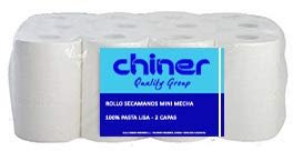 Chiner - Pack de 12 Rollos Secamanos Mini-Mecha | 100% Celulosa de 2 Capas | Toallas de Papel para Manos | Papel Secamanos Industrial, Blanco, (Paquete de 12 rollos)