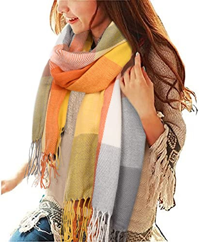 Yuson Girl Écharpe Chale Femme Chaud Pull Châle Automne Hiver Châle Foulard Large en Imitation Carreaux Doux et Chaud Mode écharpe(C-Orange)
