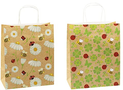 TSI Sac cadeau en papier kraft FLEURS & ABEILLES, lot de 12, taille : grand (32 x 26 x 13,5 cm), N° d'art. 88313