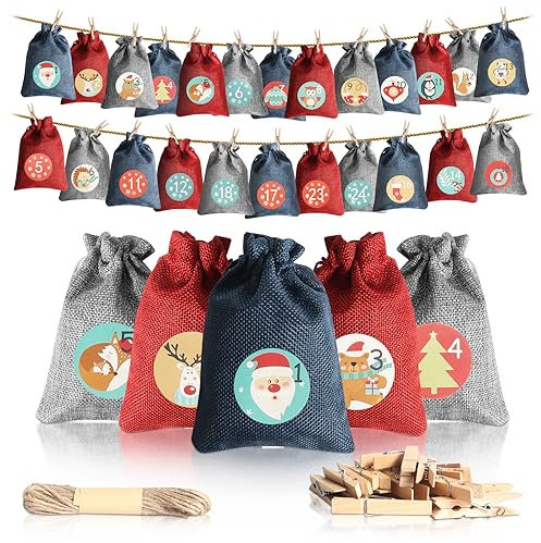 Adventskalender zum Befüllen, DIY Adventskalender, 24 Geschenksäckchen Kette zum Selber Befüllbar und Aufhängen,2024 Wiederverwendbar Adventstüten für Männer Frauen Kinder