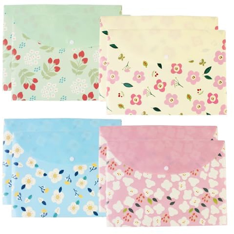 Lot de 8 chemises A4 en plastique avec bouton pression, chemises florales imperméables en PVC pour l'école, la maison, le travail, le bureau