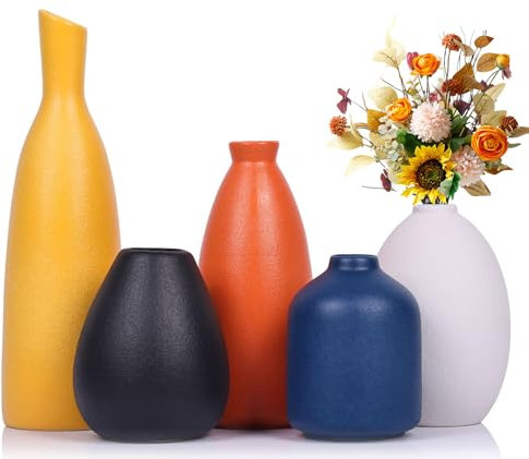 Juego de 5 jarrones de cerámica con capullos de colores - Jarrones pequeños modernos de color amarillo, naranja y azul para decor del hogar, salón, cocina, oficina, baño, manto, decor de la entrada