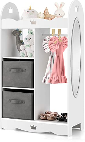 Costzon Kids Dress up Storage Wardrobe, Toddler Armoire Dresser Wardrobe W/Mirror & Cloth Hanger, Cute Crown Patterns, Pretend Costume Closet Toy Organizer, Perfect for Kids Bedroom, Playroom (White)