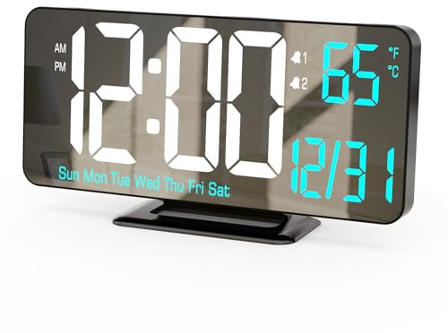 KOSUMOSU Digital Alarm Clock 6.7in Black Clock for Bedroom, Dual Alarm, Date, Seconds,Day of Week,12/24h,Dimming, Temp, Desk Clock, LED Clock for Living Room, Calendar Digital Clock Large Display