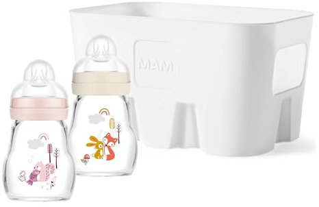 MAM Feel Good Combi Set, 2x Babyflasche aus Glas (170 ml), Baby Erstausstattung mit Sauger Gr. 1 und Flaschenkorb, Baby Geschenk Set, ab der Geburt, Eichhörnchen/Fuchs