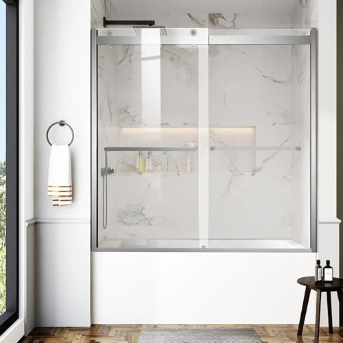 AquivaCoast Bathtub Shower Door, 60″x 62″ Semi-Frameless Sliding Shower Door, Double Sliding Bypass Glass Shower Doors for Bathtub with 5/16 (8mm) Tempered Glass, Brushed Silver