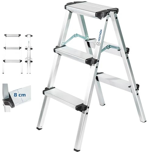 Escabeau Marche Pied 3 marches HOMILIX3, Petit escabeau Pliable, Aluminium, Design Compact et Robuste, H Max Travail 2,34m, 5 Ans Garantie, Hostrom