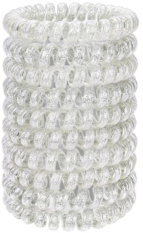 JessLab Spiral Hair Ties, 10 Pcs No-Damage Elastic Bands, Bobbles for Women | Silver Glitter, Small Clear Coils for Thick or Fine Ponytails, Kids and Girls, Water-Resistant for Swimming, Gym, School
