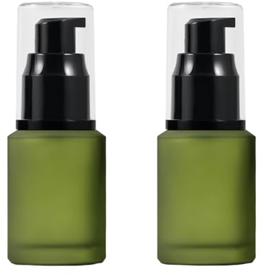 LEXICANMHS 2 stycken 60 ml tomma påfyllningsbara gröna mjölkglasflaskor med pumpflaska, sminkväska, glas, förvaringsbehållare, bärbar reseflaska, prov, provförpackning