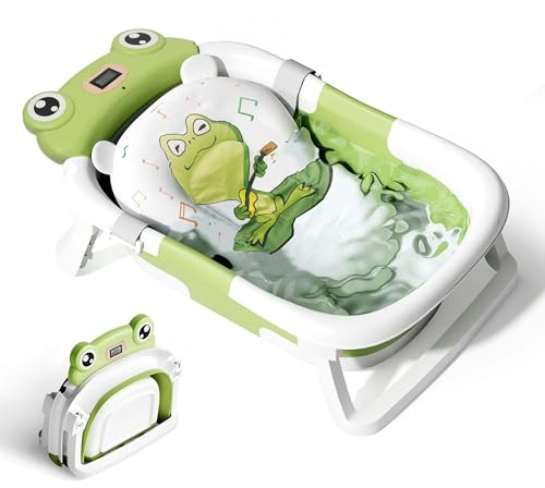 Baby Bath Tub Toddler Bath Tubs with Thermometer, Collapsible Bathtub Baby Essentials for Newborn Portable Travel Bath with Soft Cushion Seat Mat for Infant Green Frog