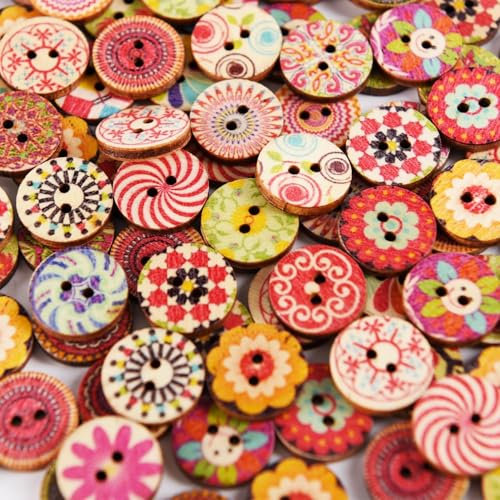 Lot de 100 boutons en bois pour l'artisanat, mélange de fleurs en bois assorties vintage, boutons ronds en tricot pour couture, bricolage, artisanat décoratif (15 mm)
