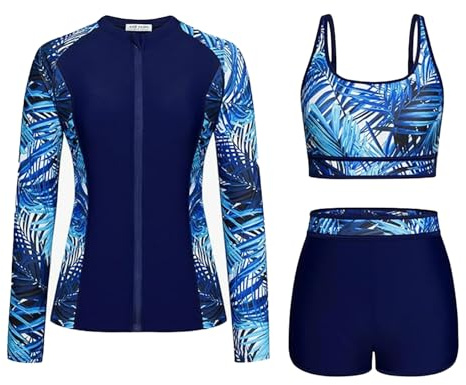 Generisch Costume da bagno da ragazza, set bikini estivo da bambina, 3 pezzi, costume da bagno da donna, a maniche lunghe, con pantaloncini da boy, bikini push up, Blu marino, 14-15 Anni