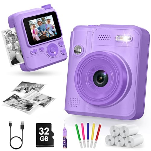 Gofunly Camara Fotos Infantil Instantanea, 2,0 1080P Camara Fotos Infantil con Tarjeta de 32GB y Papel Fotografia, Juguete Cámara Instantánea Regalos para Niños y Niñas de 3-12 Años (Púrpura)