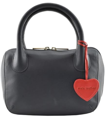 Mala Leather Mini Grab Bag with Heart Detail – Genuine Soft Leather Handbag with Zip Closure, Internal Pocket & Dust Bag – Black or Purple – 20 x 15 x 10 cm (Navy)