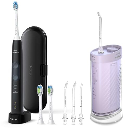 Philips Sonicare Compact Flosser 1000, Purple, ProtectiveClean 5300 Rechargeable Electric Toothbrush and 2PK Compact Nozzle Bundle, BD2001AZ