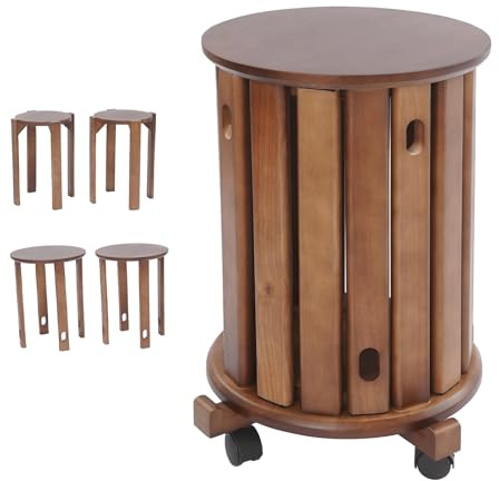ROGONPDK Taburete apilable multifuncional, taburete de madera redondo apilable, muebles versátiles, taburete de madera apilable en cuatro posiciones con ruedas, para uso en balcones, patios, etc