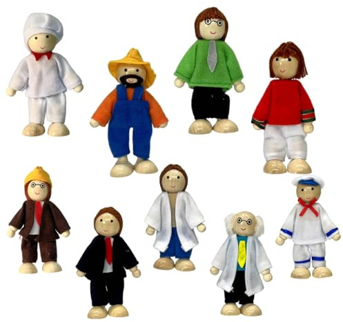 Hperu Casa de muñecas Juego de 9 pequeñas familias Diferentes Profesiones Casa de muñecas Personas Juego de Roles de Madera, articulaciones móviles - Figuras de Personas de de