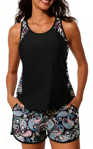 CheChury Tankini Sets for Women UK Tankini Set with Swim Shorts 2 Piece Swimsuits Blouson Padded Top Built-in Bra Ladies Swimwear Sets Sporty