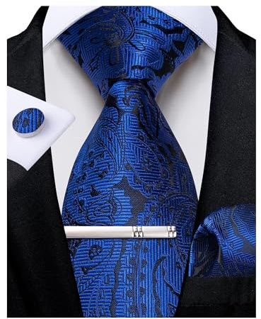 DiBanGu Mens Tie Silk Paisley Floral Necktie and Pocket Square Cufflinks Tie Clip Set Classic Formal Ties for Wedding Party