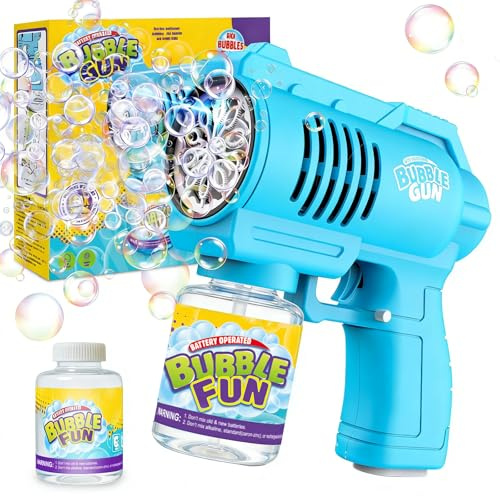 BUBOJOY Bubble Gun for Kids, Automatic Bubble Machine 10000+ Bubbles per Minute with Led Light/130ml Bubble Solution, 10 Holes Portable Bubble Blower Guns for Summer Outdoor Party Wedding- Blue
