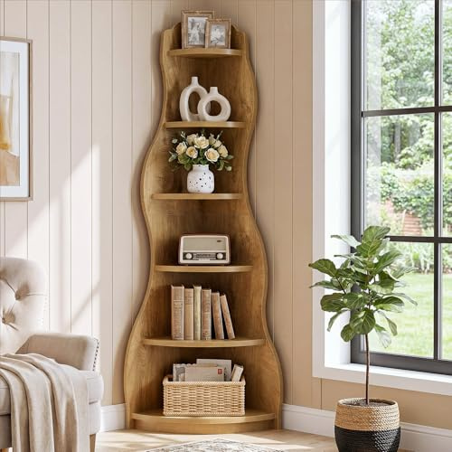 Tribesigns Libreria Angolare Ondulata 175 cm, Scaffale a 6 Ripiani Design Moderno, Mensola Angolo Salva Spazio per Soggiorno, Ufficio e Camera, Mobile Espositore Alto, Marrone Rustico
