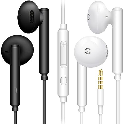 [2Paires, Noir + Blanc] MAS CARNEY WH6 Écouteurs Auriculaires stéréo filaires avec contrôle du Volume et Micro pour Smartphones Téléphones Computer Laptop Portables Ordinateurs