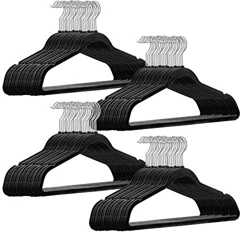 200 Stück hochwertige Samt Kleiderbügel in der Farbe Schwarz mit Silber Haken/Anti-Rutsch/von StickandShine