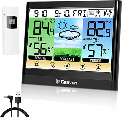 Geevon Station météo sans fil thermomètre extérieur intérieur hygromètre alerte réveil écran couleur LCD prévisions météo avec indice de chaleur/point de rosée