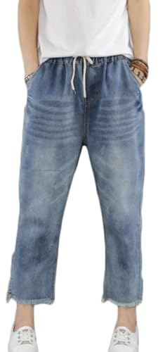 FTCayanz Women's Elastic Waist Cropped Jeans Baggy Drawstring Stretch Denim Pants with Pockets Style2 L