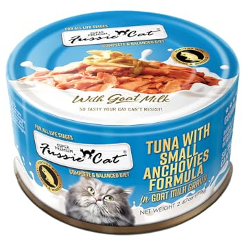 Fussie Cat Super Premium Canned Wet Cat Food in Goat Milk Gravy -2.47 oz Cans - Case of 24 (Tuna & Small Anchovies)