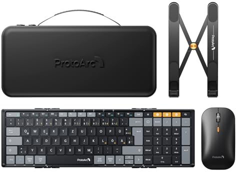 ProtoArc Vikbart tangentbord mus set trådlöst, XKM01 CaseUp bärbart Bluetooth-tangentbord och mus med laptopstativ, QWERTZ-layout, kompatibel med bärbar dator PC MacBook, Windows Mac