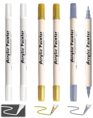 MYGLOAR Confezione da 6 penne per tessuti bianche/oro/argento, lavabili in lavatrice, penne per pittura su tessuti, pennarelli per tessuti a doppia punta, pennarelli per tessuti, pennarelli lavabili