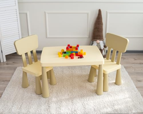 SELLECTUS Kids Table and 2 Chairs Set with Storage Drawer, Height Adjustable Toddler Desk and Chair Set, Classroom/Playroom/Daycare/Home, Children Multi-Activity Table for Ages 2-8