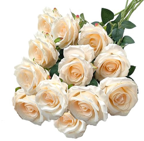 RXKFIGX 12 Pcs Artificial Roses Fake Single Stem Blooming Rose 51 cm Artificial Silk Rose Flower champagne Color Fake Roses Artificial Flowers for Home Garden Party Hotel Office Decor（champagne color）