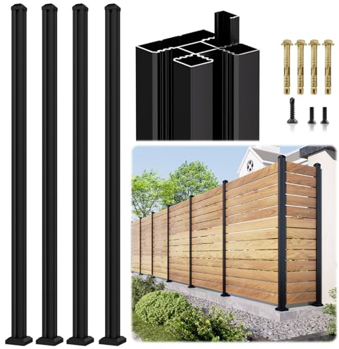 4 Pack 6FT 3-Way Aluminum Fence Post, 1.8mm Thick Walls & 10mm Base, Matte Black Wood Fence Post, Rustproof & Weather-Resistant for Outdoor Privacy Panels
