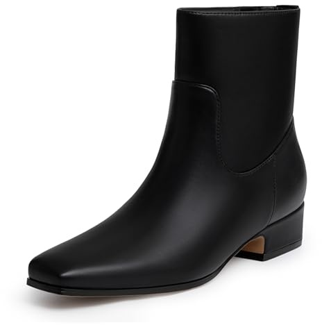 Athlefit Women's Black Low Heel Ankle Boots Fashion Square Toe Chunky Block Heel Short Booties with Side Zipper Size 9.5