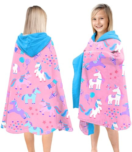 HSUIOFE Hooded Towels for Kids -Toddler Beach Towel- Super Absorbent & Quick Dry 100% Cotton 30x50 Inch - to Kid Ages 3-10-Sky Blue Unicorn Pattern Design