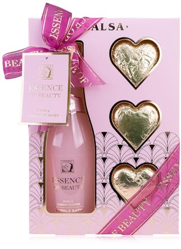 Accentra Badset SALSA ESSENCE OF BEAUTY för kvinnor, skum i champagneflaska, 3 badbomber, ros- och körsbärsblommadoft, presentförpackning, lyx för kvinnor