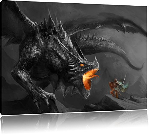 Pixxprint Kampf zwischen Mensch und Drache, Größe: 120x80cm, Leinwandbild, fertig gespannt, Wandbild, Dekoration, Kunstdruck, kein Poster