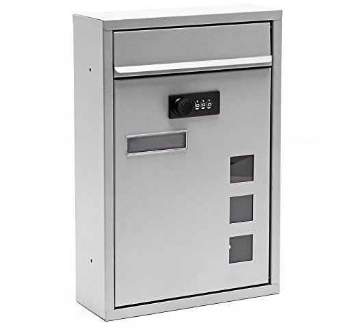 Wiltec Briefkasten silberfarben 215x320x90mm Briefkasten mit Zahlenschloss, Namensschild und Sichtfenster Postkasten aus pulverbeschichtetem Stahl