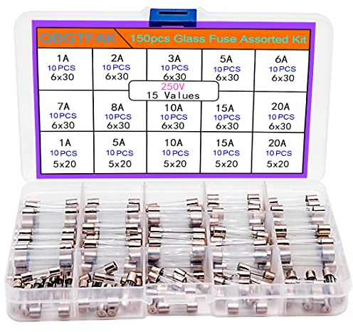 QBGTFAK 150Pcs Fast Blow Glass Fuse Assortment Kit 15 Values Automotive Fuses Kit 6x30mm 250V 1A, 2A, 3A, 5A, 6A, 7A, 8A, 10A, 15A,20A, 5x20mm 250V 1A, 5A, 10A, 15A, 20A (5x20mm and 6x30mm A)