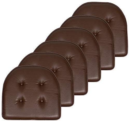 Sweet Home Collection Chair Cushion Memory Foam Pads Tufted Slip Non Skid Rubber Back U-Shaped 17 x 16 Seat Cover, 6 Pack, Faux Leather Chocolate Brown