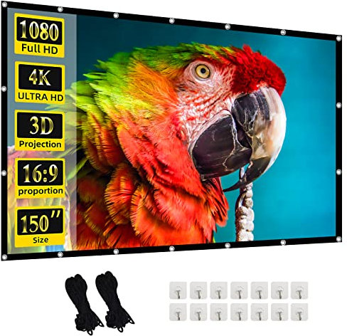 Projector Screen, 150inch Indoor Outdoor Movie Projection Screen 4K HD 16: 9 Design for Backyard Movie Night(Easy to Clean, 1.1Gain, 160° Viewing Angle)