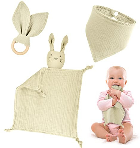 Vicloon Baby Geschenk Junge Mädchen Neugeborene, 3-Teiliges Neugeborenen Geschenk mit Musselin Schnuffeltuch + Beißring + Lätzchen, Hase und Beißring Holz und Lätzchen Baby für Jungen & Mädchen-Beige