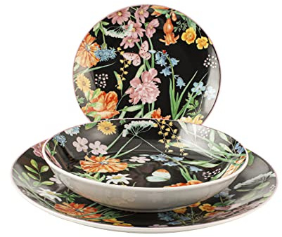 H&H Caroline Servizio Tavola, 18 Pezzi in Porcellana, Nero, Floreale
