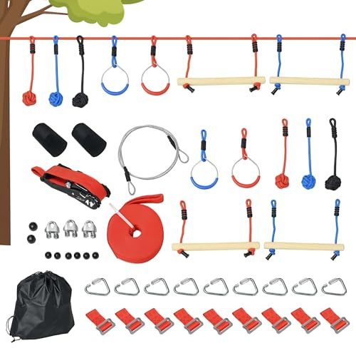 Outsunny Parcours d'obstacles Ninja pour Enfants 30 Accessoires 10 m de Slackline et Sac de Transport Bleu Noir Rouge