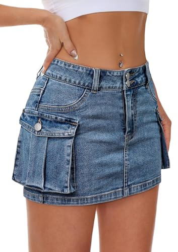 Mancreda Women Denim Cargo Skirt Mini Low Waist Button Bodycon Y2K Flap Pockets Skirts(BL,L)