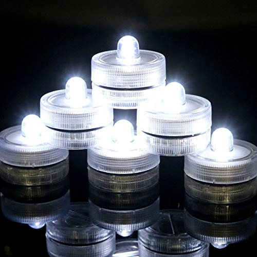 BIGFOX - Juego de 12 mini velas de lámparas sumergibles LED - iluminación de estanque impermeable a pilas para fiestas, bodas, estanques, piscina, jardín y baño (blanco)