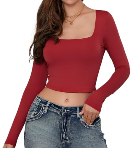 MAHUAOYIXI Camiseta de manga larga para mujer sexy blusas elegantes con manga larga y cuello cuadrado de color sólido Chica Mujer Crop Tops Chica Tops Chica Top Ajustado Shirt Corto Elegante, rojo, S