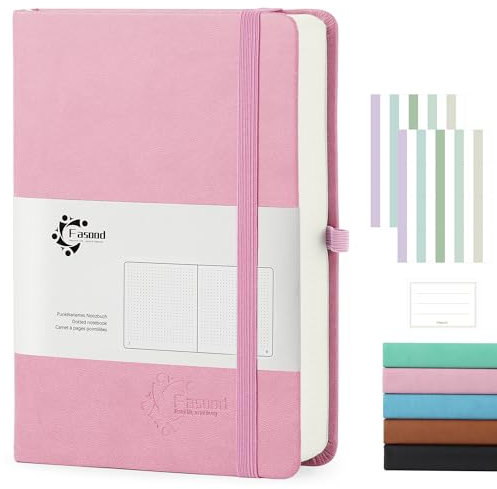 Fasood Notizbuch A5 Dotted,Hardcover Journal Notizbücher,mit 320 Seiten,100g/m² Dickes Papier,PU Hard Cover Notebook,Mehrfarbige Registerkarten, Innentaschen,für Tägliches Arbeitstagebuch